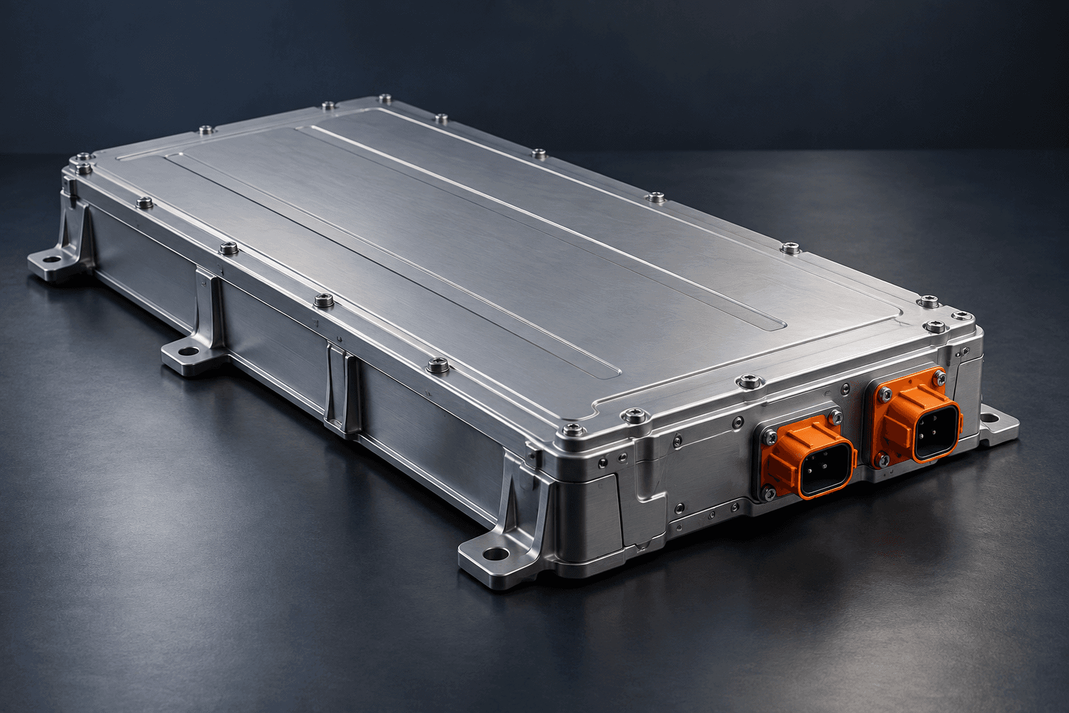 AI-generated illustration: Closed electric vehicle battery pack with external connectors; internal materials are not shown