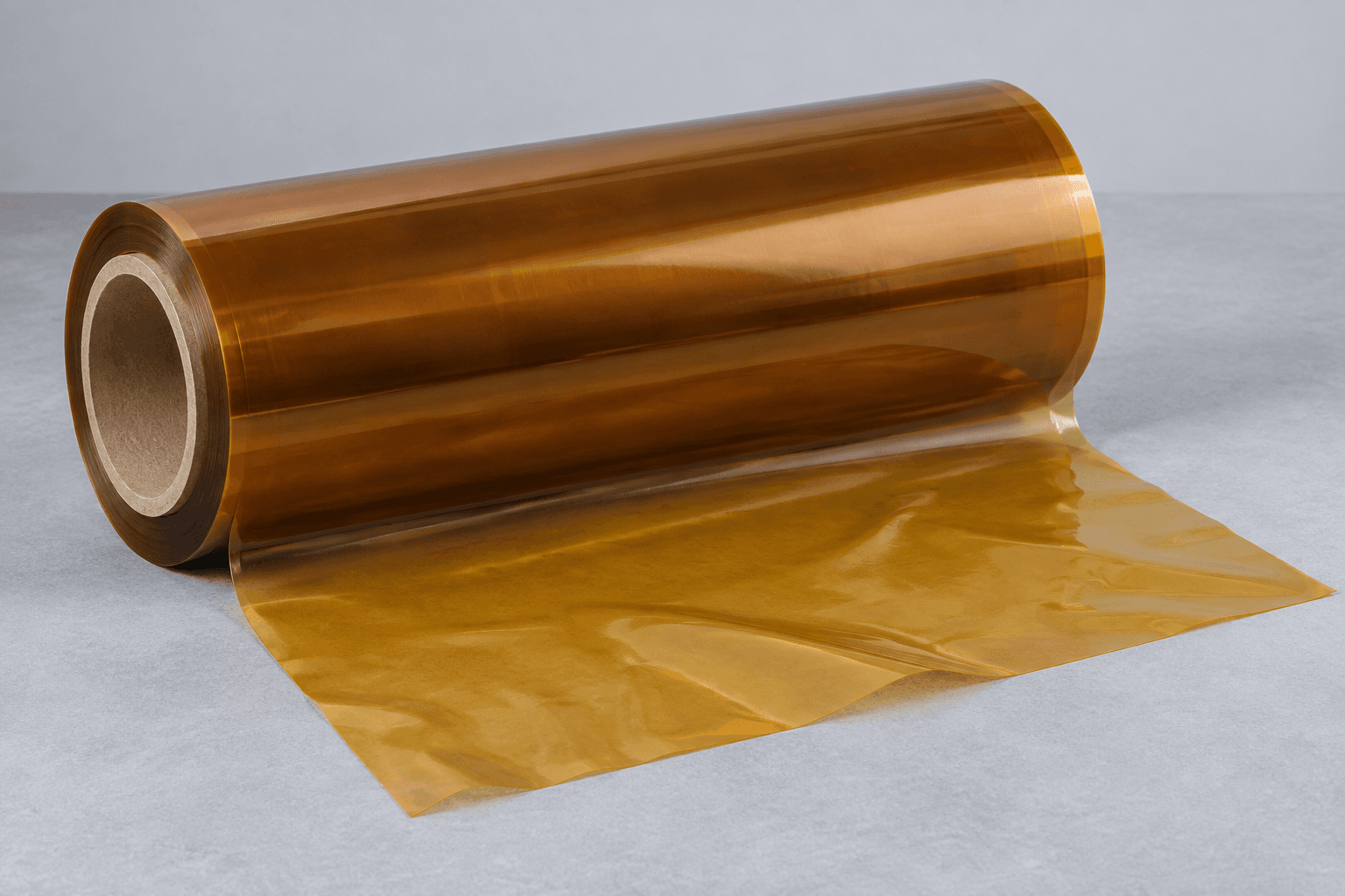 AI-generated illustration: Amber film roll with an unrolled translucent sheet