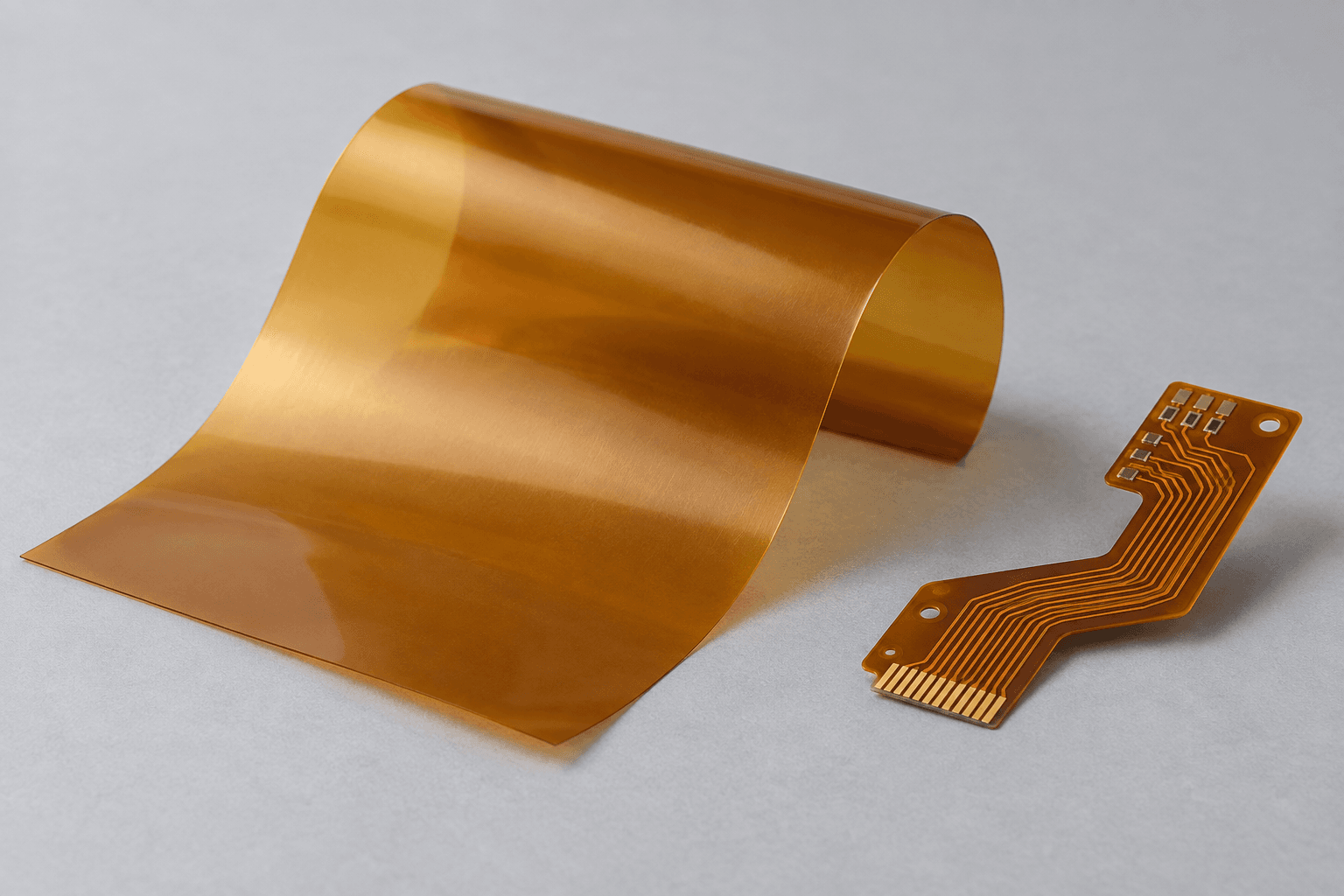 AI-generated illustration: Polyimide film sheet beside a separate finished flexible circuit showing application context