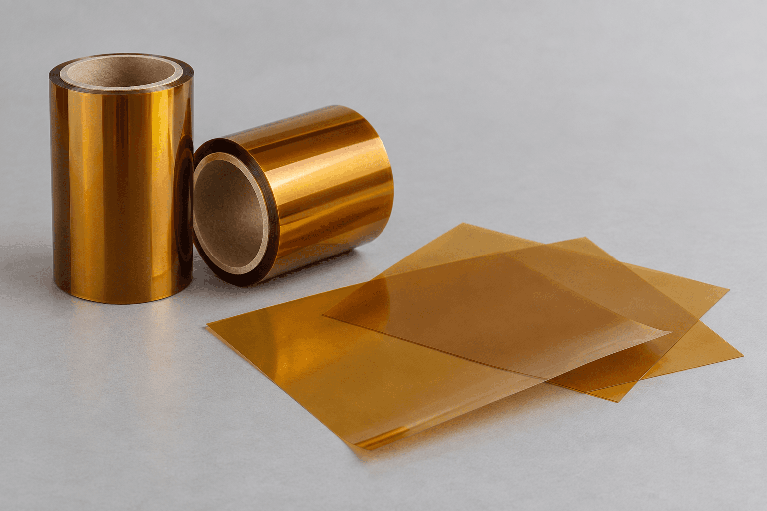 AI-generated illustration: Non-adhesive film rolls and cut film sheets