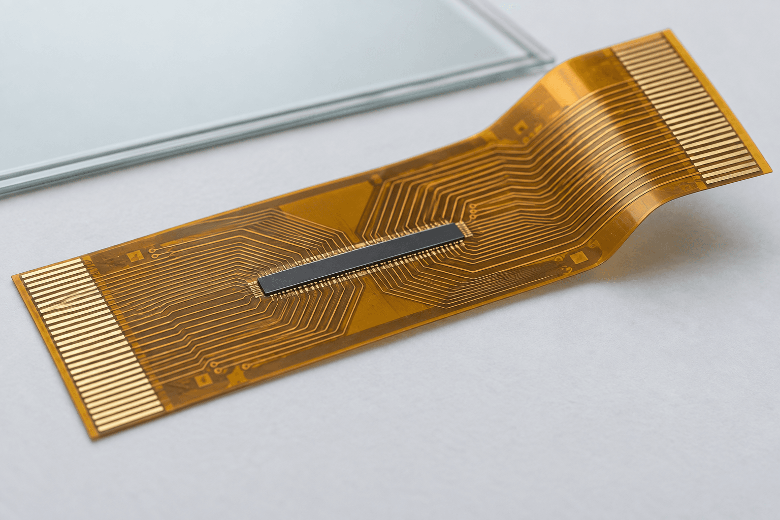 AI-generated illustration: Simplified chip-on-film carrier showing a slender die and circuit traces on amber flexible film