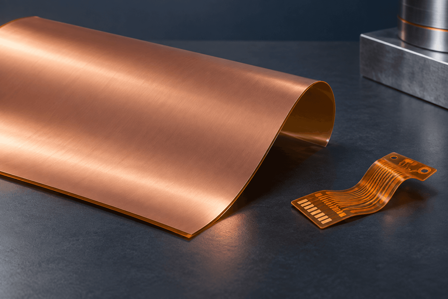 AI-generated illustration: Conceptual flexible copper-clad laminate beside a separate finished flexible circuit