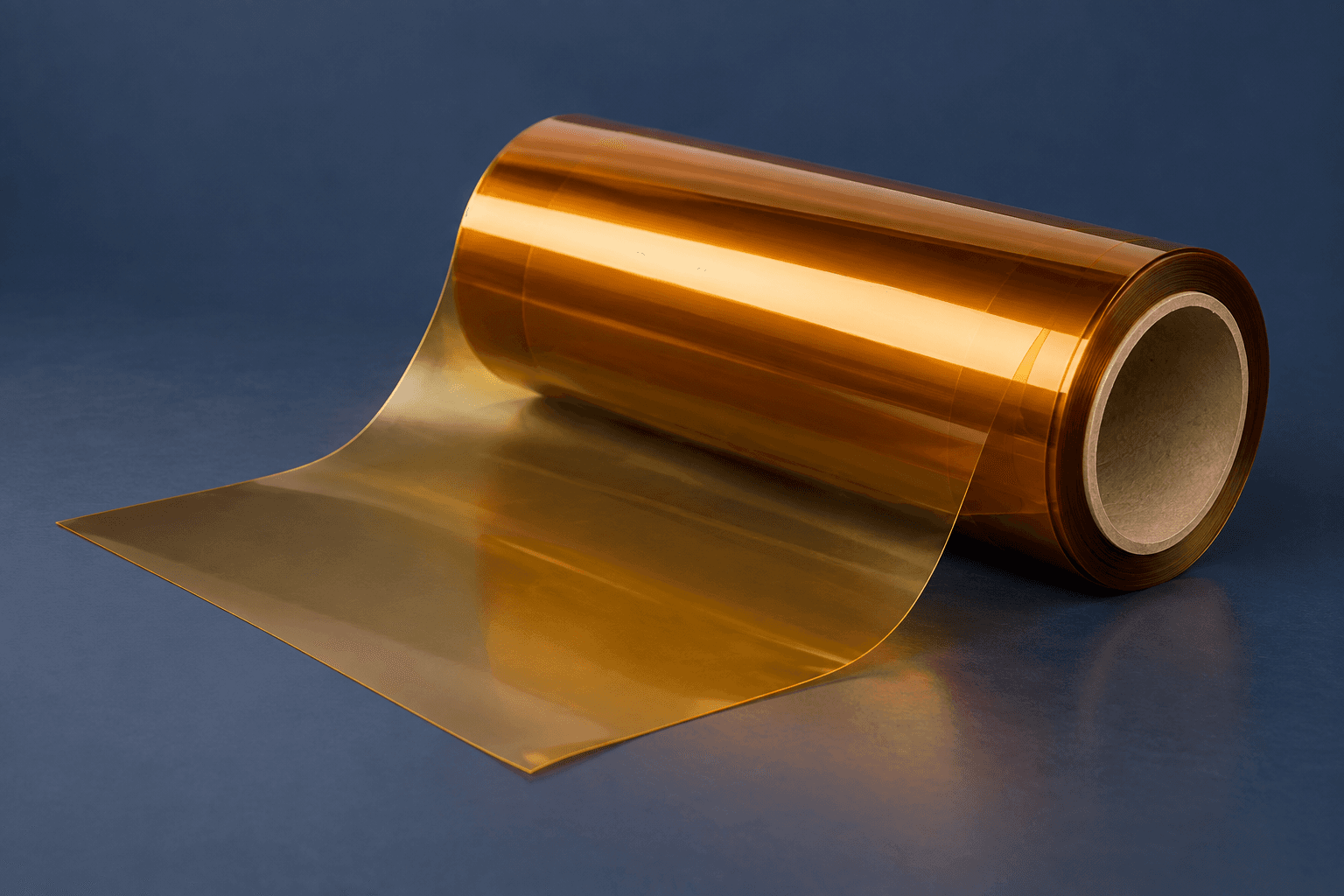AI-generated illustration of an amber polyimide film roll with an unrolled translucent sheet