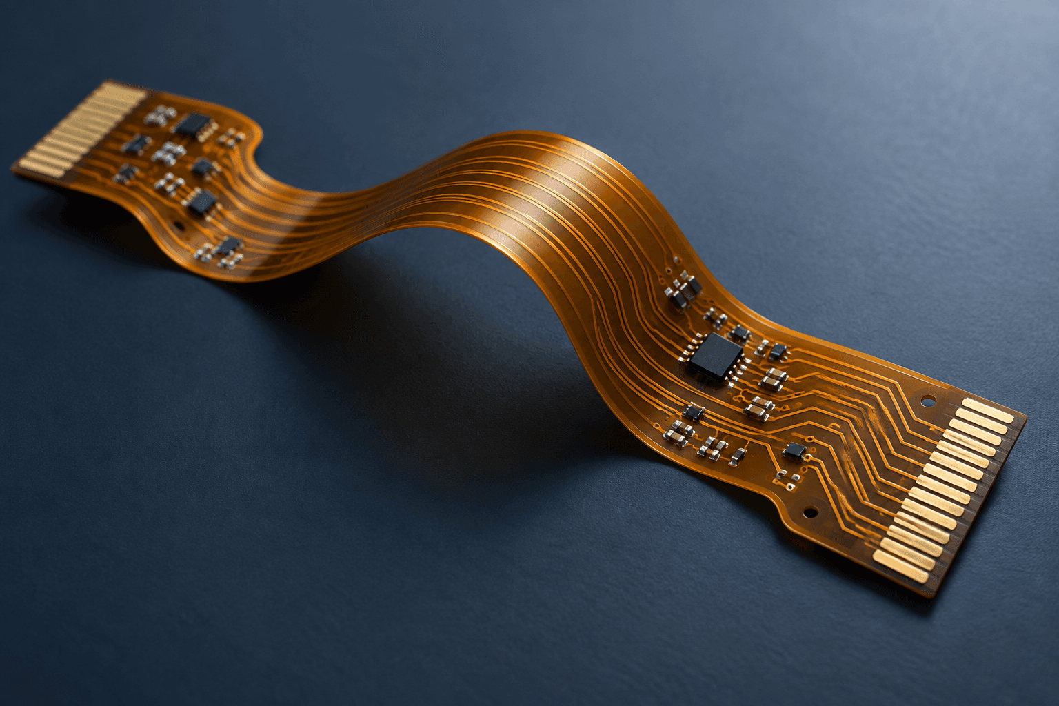 AI-generated illustration: Flexible circuit with copper traces on an amber substrate