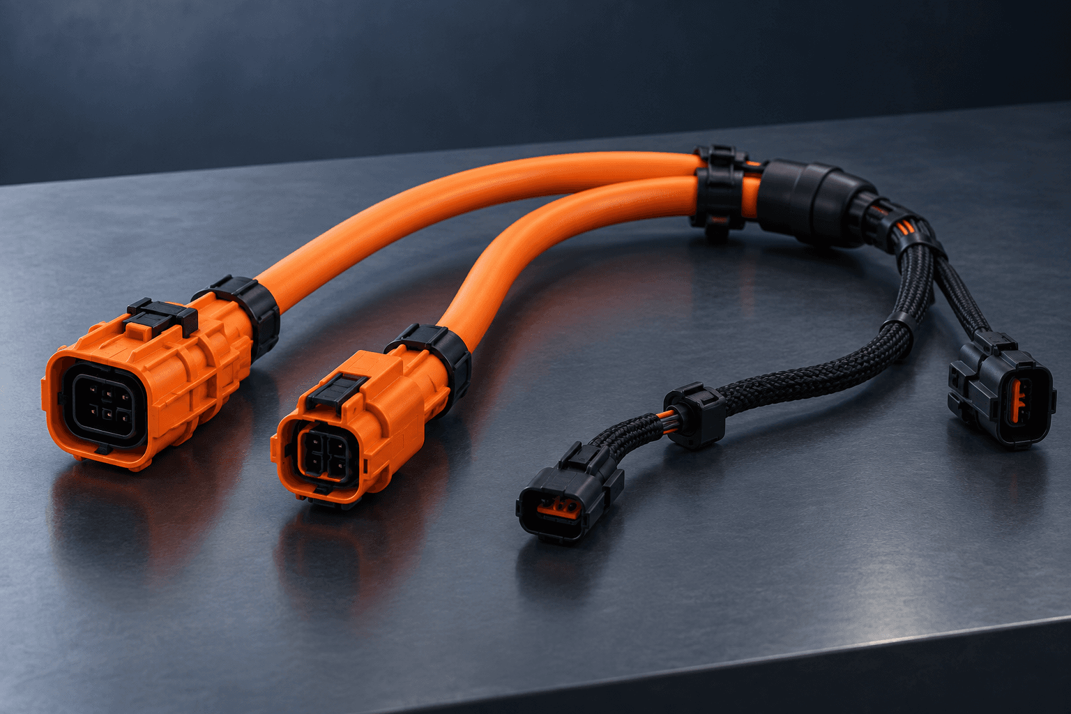 AI-generated illustration: Generic orange automotive cable harness with connectors; internal material construction is not shown