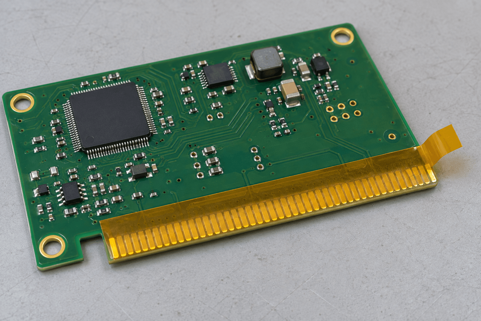 AI-generated illustration: Amber adhesive masking tape covering edge contacts on a green printed circuit board