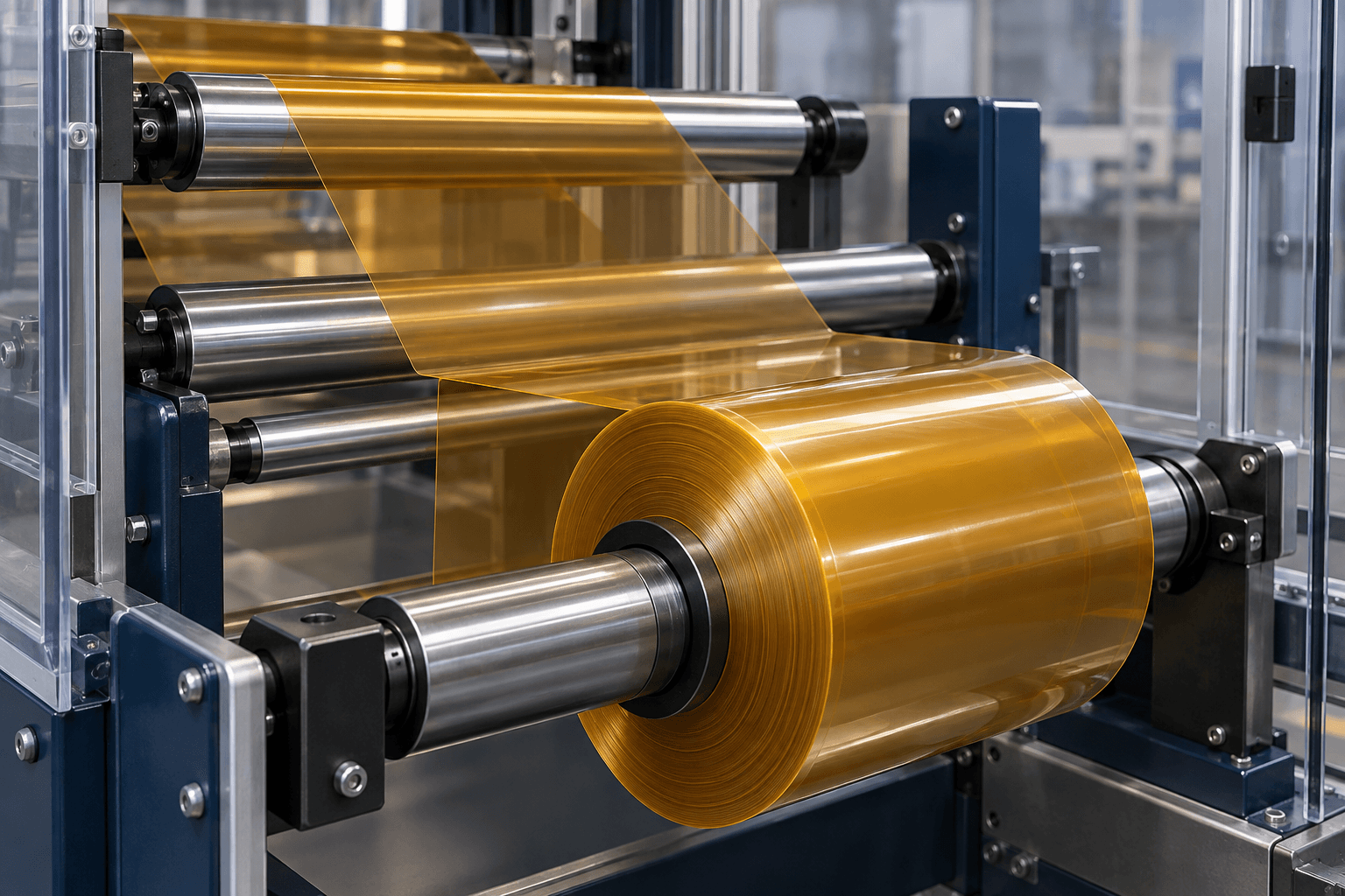 AI-generated illustration: Conceptual polymer film web passing over rollers at a rewinding station